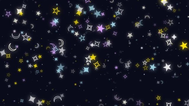 Sparkling celestial stars and glowing crescent moon shapes gently falling across a dark night sky, an abstract cosmic pattern.