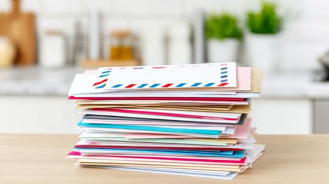 Stack of colorful envelopes on wooden table. Correspondence and mail sorted for delivery. Pile of paper letters in home interior background. Document organization and communication concept.
