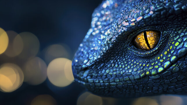 Close up portrait of stunning blue scaled reptile with striking golden eye, showcasing intricate textures and vibrant colors