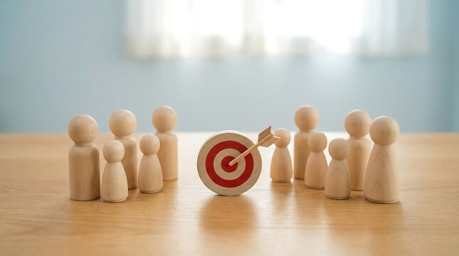 Target Audience Recruitment Strategy with Wooden Human Figures and Target Bullseye