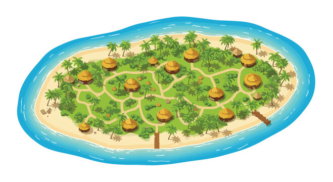 Tropical island resort vector illustration, aerial view of exotic paradise with beach bungalows and palm trees, secluded summer vacation destination map