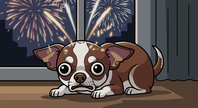 A scared chihuahua cowers as fireworks explode outside a window