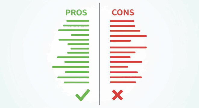 Two columns show lists of pros and cons with a checkmark and an X