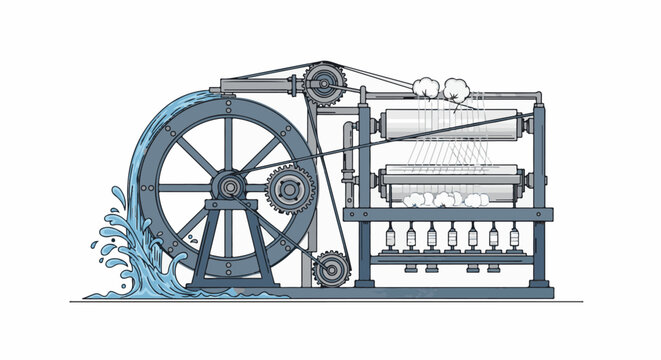 Vintage water-powered textile machine with spinning spindles