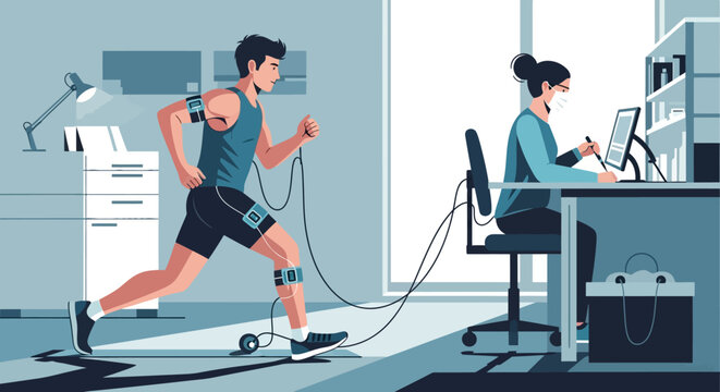 Fitness technology: man running with sensors in modern home office setting