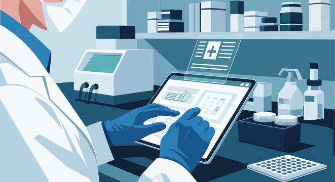 Futuristic medical research: scientist analyzing data on digital tablet in laboratory