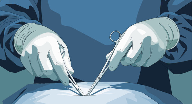 Surgeon in action: hands performing precise operation with surgical tools