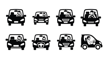 Fototapeta premium Black and white icons depicting people driving cars while using phones