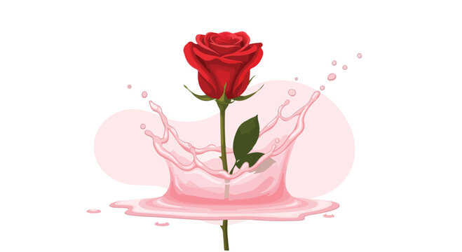 Red rose flower splashing into pink liquid vector illustration. Romantic blooming rosebud falling in water ripple. Floral botanical element for beauty design.