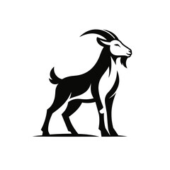 Fototapeta premium Black and white stylized goat logo, majestic horned caprine in profile with distinctive beard. Powerful, elegant, modern vector icon for branding, mascots, graphic design. Art.