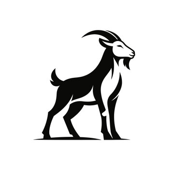 Black and white stylized goat logo, majestic horned caprine in profile with distinctive beard. Powerful, elegant, modern vector icon for branding, mascots, graphic design. Art.