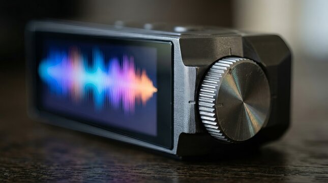 Close up of a high-end digital audio player with waveform screen
