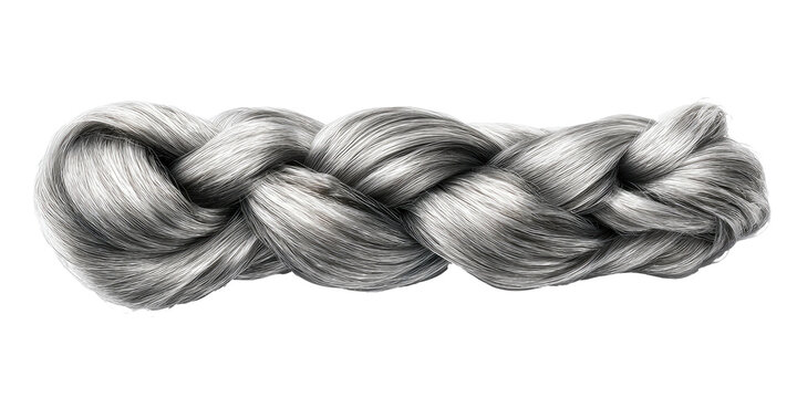 Close-up of a thick, braided section of gray hair, artfully styled against a black background