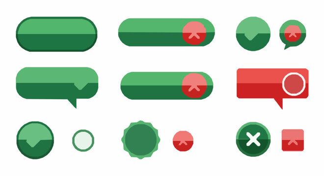 Stylized green check red cross button vector illustration set EPS10 isolated on white