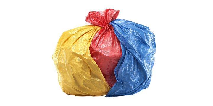 Three colorful plastic bags knotted at the top, presented against a black background