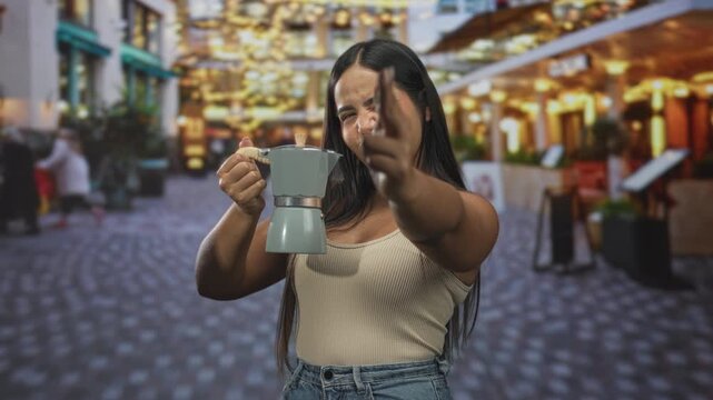 Young hispanic woman holds a mint green coffeemaker by the handle and points finger toward camera on a cobblestone street cafe scene; confidence ritual.