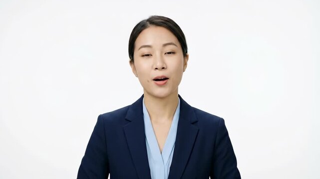 A confident Asian businesswoman smiling in a professional video setting