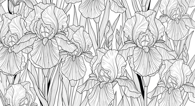 Elegant black and white line art illustration of blooming iris flowers and leaves in a dense botanical composition.