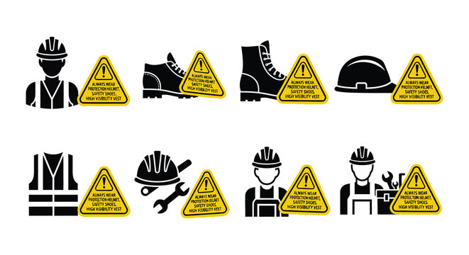 Construction safety warning signs depicting protective gear and potential hazards