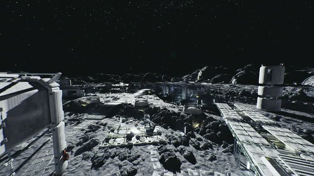 lunar cargo dock at night with stacked containers and rovers loading pallets into hangar, crane systems, tethered modules and logistics markers across dusty