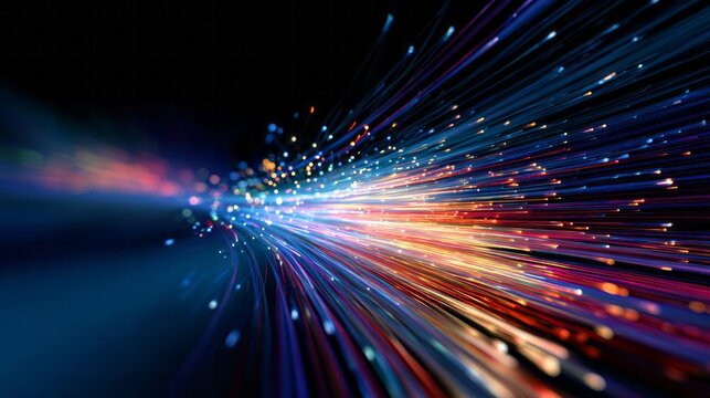 Light streaks race forward on a dark background, representing data transmission.