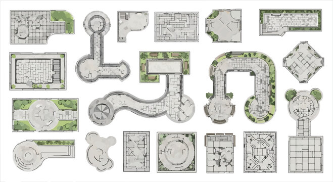 Fantasy dungeon map creator kit, 18 hand-drawn tabletop RPG battle map elements, medieval stone ruins and castle floor plan vector set