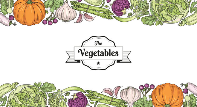 Hand drawn vegetable frame featuring pumpkin garlic asparagus cabbage and greens with a vintage style central label.