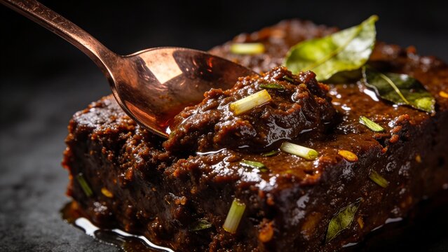 Title Macro photo of dark moody Bumbu Rendang spice paste block with copper spoon and bay leaves for Indonesian cuisine