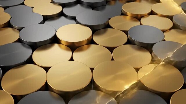 A close-up view of numerous shiny gold and silver metallic discs arranged in a dense pattern.