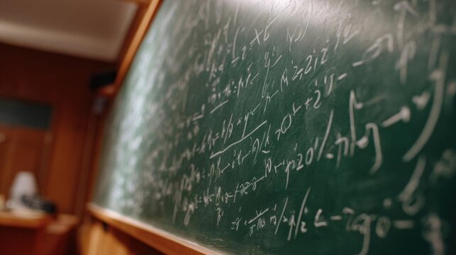 Close-up of a green chalkboard with mathematical equations written on it. the equations are written in white chalk and appear to be written in a neat and organized manner.