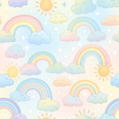 Seamless watercolor pattern of rainbow arches, clouds, and tiny stars, soft pastel gradients, delicate brush texture, dreamy and cute theme, no humans, no animals with faces