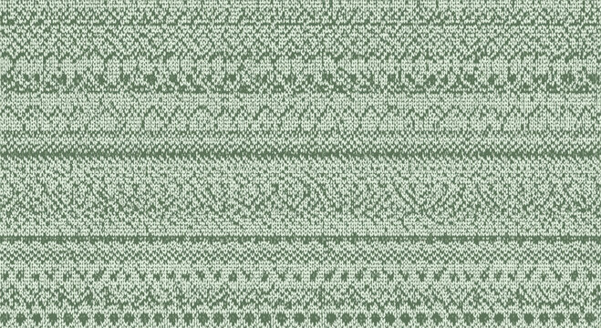 Intricate green knitted texture with traditional folk patterns suitable for winter clothing or cozy holiday backgrounds.