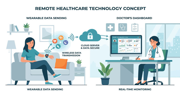 Remote Healthcare Technology Concept - Wearable Data Sending and Real-time Monitoring.