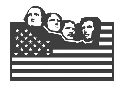 Mount rushmore presidents silhouettes over american flag stars and stripes banner backdrop.