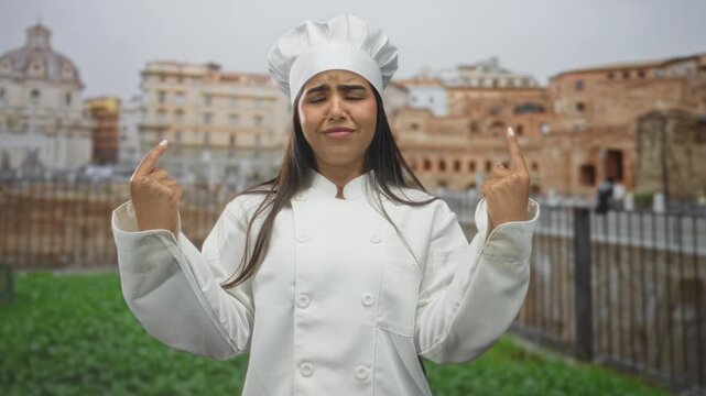 Hispanic woman chef pointing index fingers to herself in front of an ancient stone building with ruins and iron fence; confusion identity.
