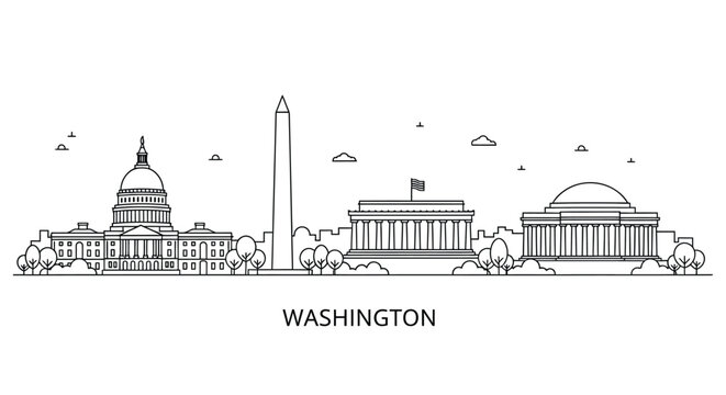 Line art silhouette of Washington DC monuments featuring Capitol building and obelisk