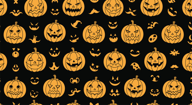 Orange pumpkin faces and spooky silhouettes creating a seamless halloween pattern on a solid black background.