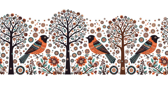 Folk art style horizontal border featuring colorful birds sitting on trees among a variety of decorative flowers.