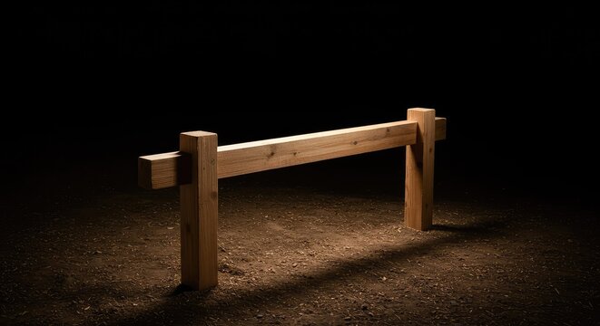 A heavy wooden barrier blocks a clear path, representing difficulties, challenges, and prevention of forward movement or success ,barrier ,blockage ,way