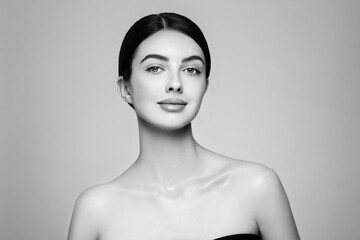 Portrait beautiful young woman with clean fresh skin. Model with healthy skin looks at an empty space, close up portrait. Cosmetology, beauty and spa