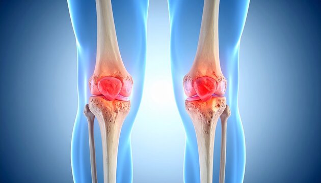 Front view of human knees, skeletal structure glowing blue, patella highlighted in red, medical illustration showing joint inflammation, pain visualization, musculoskeletal anatomy, clinical diagnosti