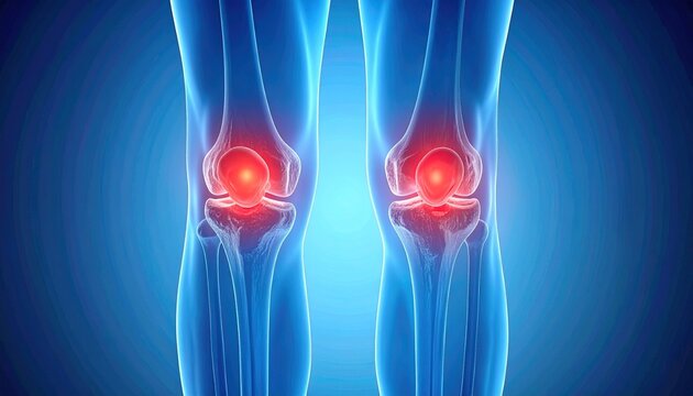 Front view of human knees, skeletal structure glowing blue, patella highlighted in red, medical illustration showing joint inflammation, pain visualization, musculoskeletal anatomy, clinical diagnosti
