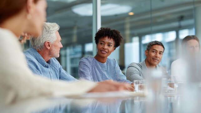 Group of people sitting around a conference table in a meeting room. there are four people in the image, three men and two women, all of whom appear to be engaged in a discussion.