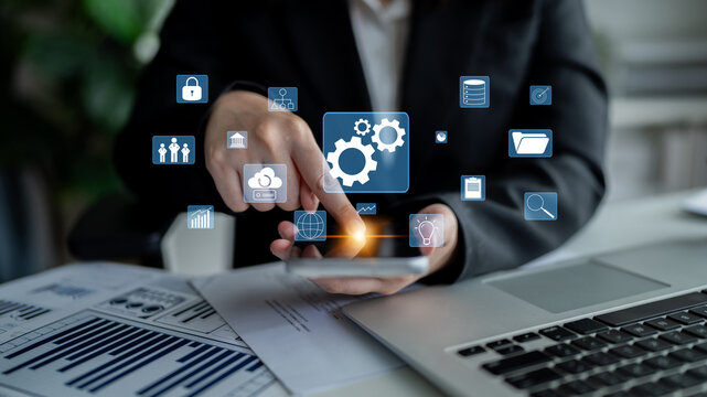 A concept of business operations and enterprise system integration. The components of a company including security, data, and cloud infrastructure. Motif