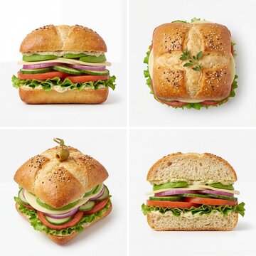 Fresh healthy avocado and vegetable sandwich on ciabatta bread, multi-angle set.