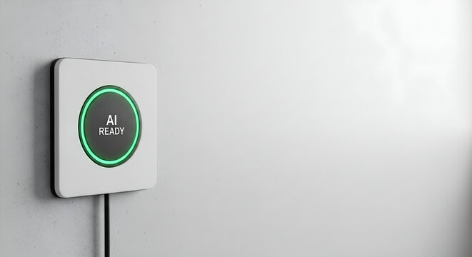 Smart home AI ready wall controller unit with copy space for home automation technology website banner