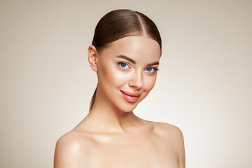 Portrait beautiful young woman with clean fresh skin. Model with healthy skin, close up portrait. Cosmetology, beauty and spa