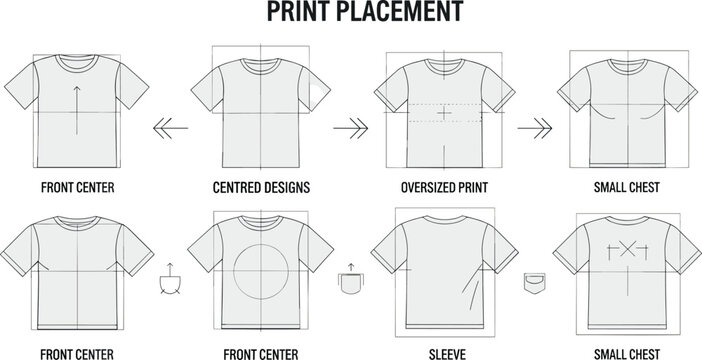 T Shirt Print Placement Guide with Front Center, Oversized, Sleeve and Chest Positions, Design Alignment and Apparel Layout Templates for Fashion and Merchandising