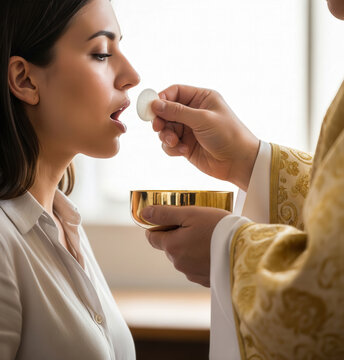 Priest offers consecrated host to female parishioner in sacred rite.