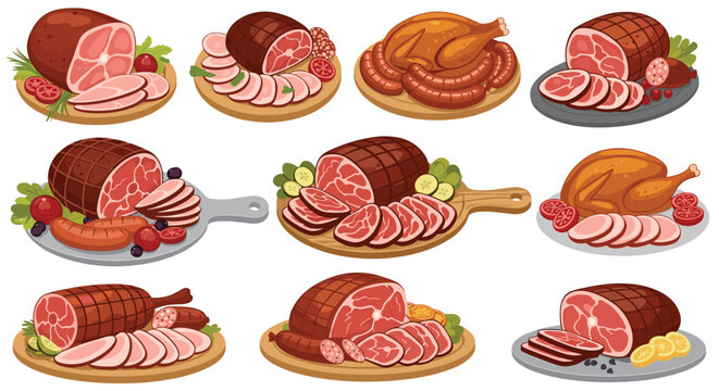 various platters of roasted meat including whole ham turkey and sausages served with garnishes on wooden and slate boards.
